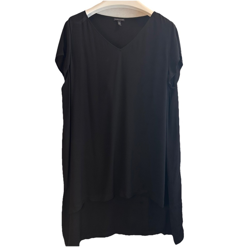 Eileen Fisher Black XL 100% Silk Tunic Top High/Low Straight Hem Relaxed Fit EUC
